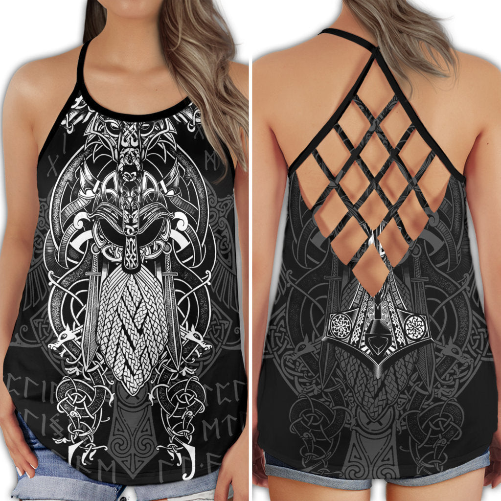 Viking Black White Pattern Power Hollow Tank Top For Workouts Festivals And Bold Style