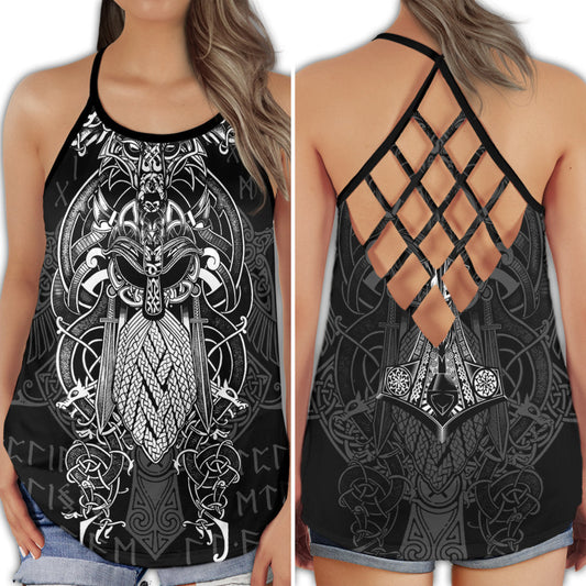 Viking Black White Pattern Power Hollow Tank Top For Workouts Festivals And Bold Style