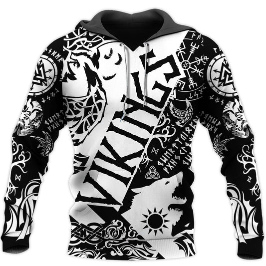 Black White Viking Tattoo Hoodie For Norse Heritage Style Outdoor Events And Comfortable Layering