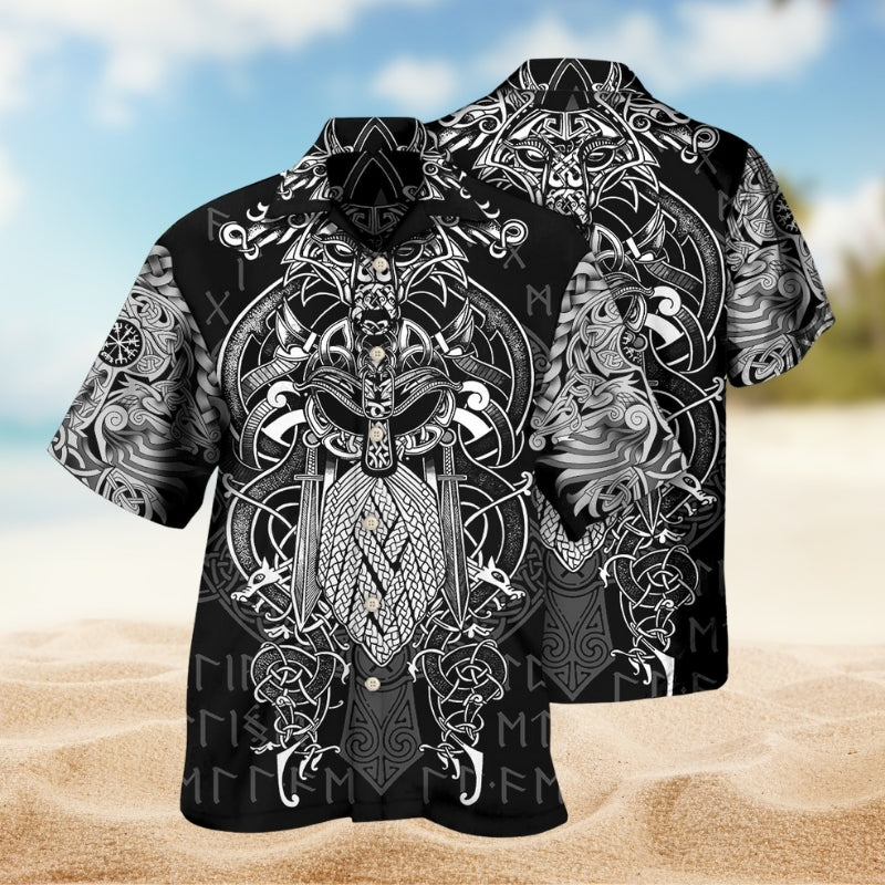 Viking Warrior Crimson Hawaiian Shirt For Family Vacation, Relaxed Getaway, And Coastal Casual Wear
