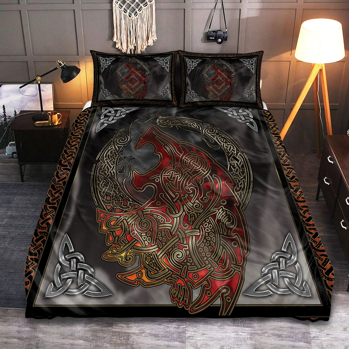 Red Viking Warrior Bedding Cover For Norse Bedroom Decor