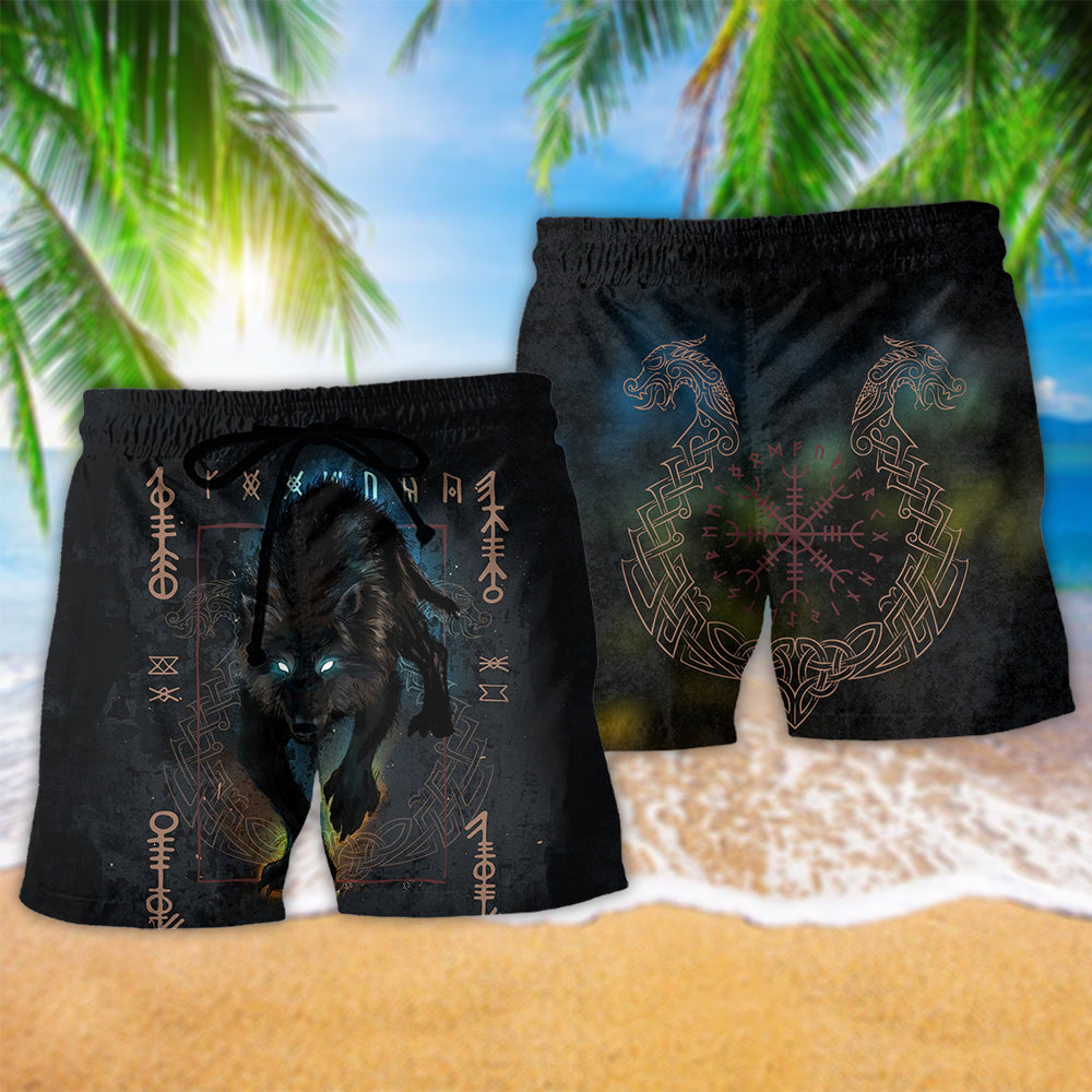 Viking Wolf Fenrir Dark Beach Shorts Design Detail For Festival Travel And Beach Days