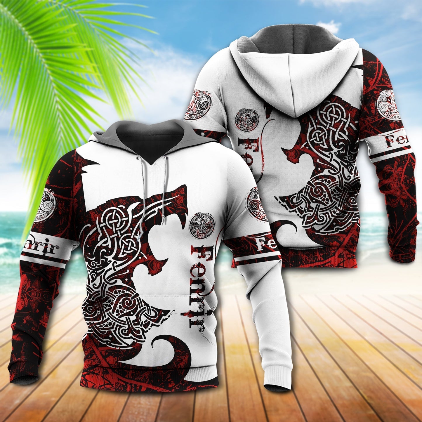 Red White Viking Wolf Legend Hoodie For Distinctive Travel Outfits Seasonal Wear And Gift Giving