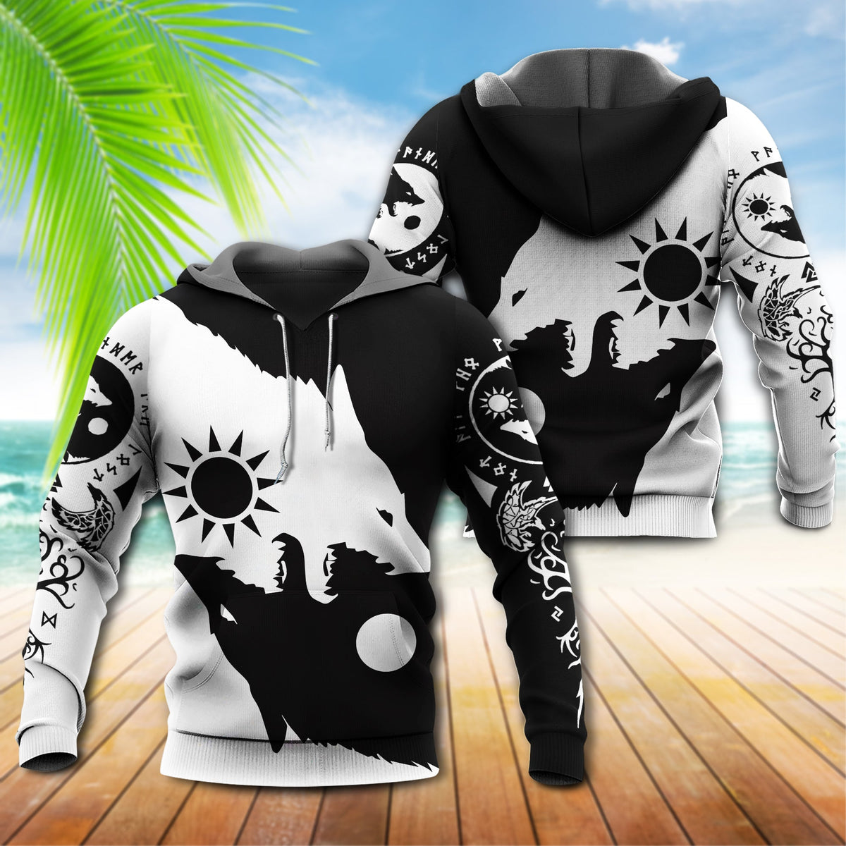 Black White Viking Wolf Moon Hoodie For Mythic Artwork Casual Days And Outdoor Exploration