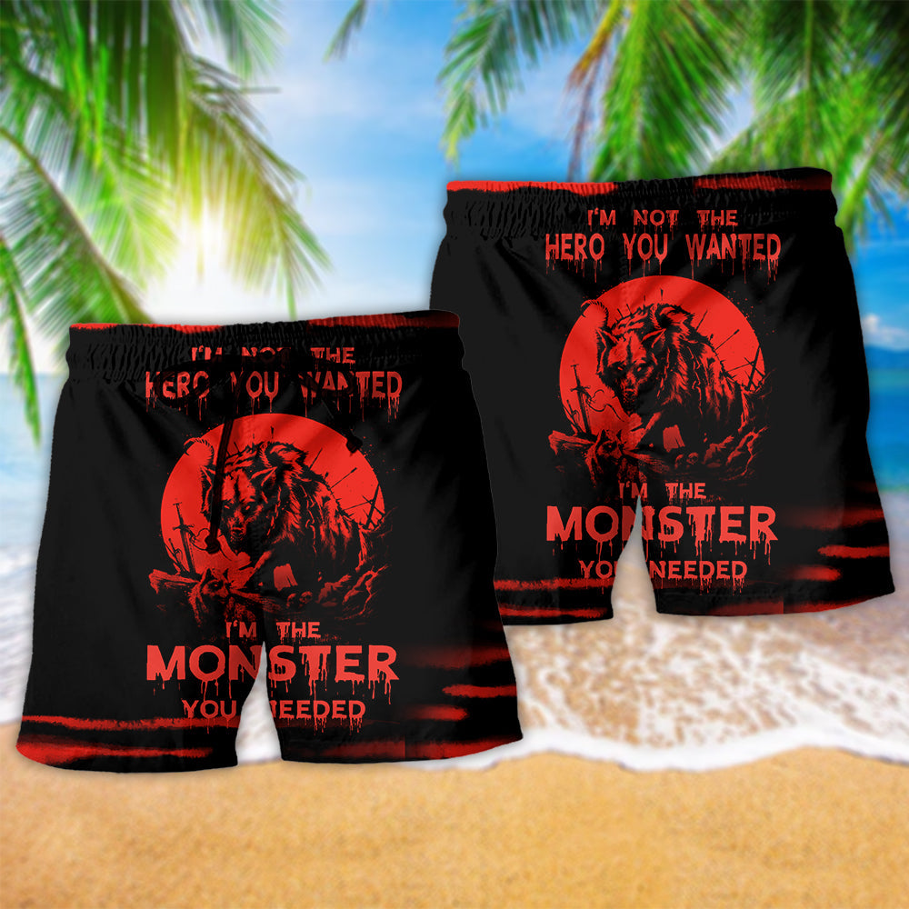 Viking Wolf Monster Red Style Hawaiian Print Beach Shorts For Striking Resort Looks