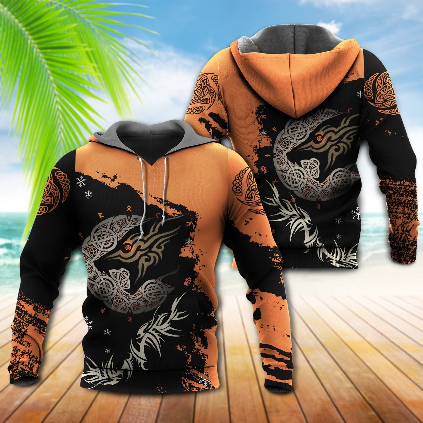 Orange Black Viking Wolf Hoodie For Bold Streetwear Outdoor Trips And Mythology Enthusiasts