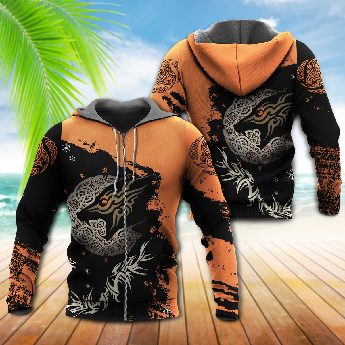 Orange Black Viking Wolf Hoodie For Bold Streetwear Outdoor Trips And Mythology Enthusiasts