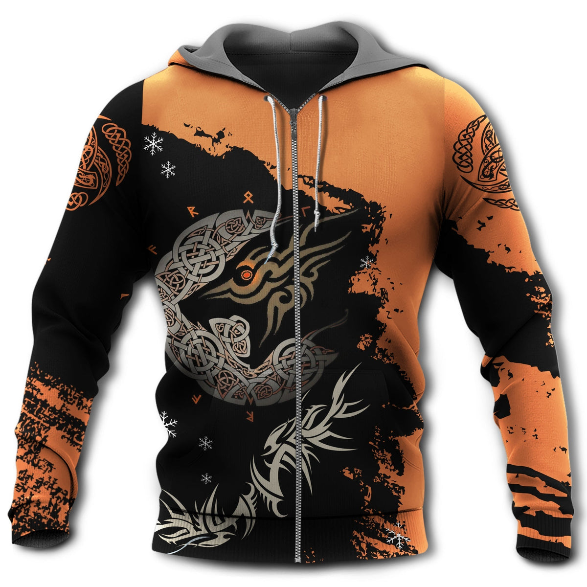 Orange Black Viking Wolf Hoodie For Bold Streetwear Outdoor Trips And Mythology Enthusiasts
