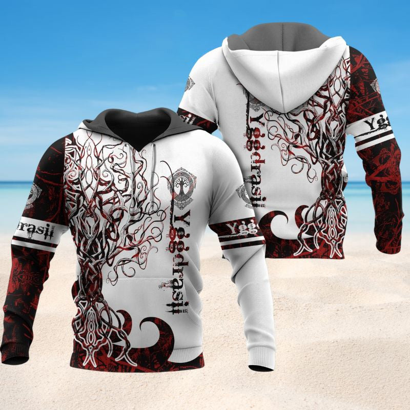 Red White Viking World Tree Legend Hoodie For Outdoor Adventures Travel And Powerful Everyday Styling