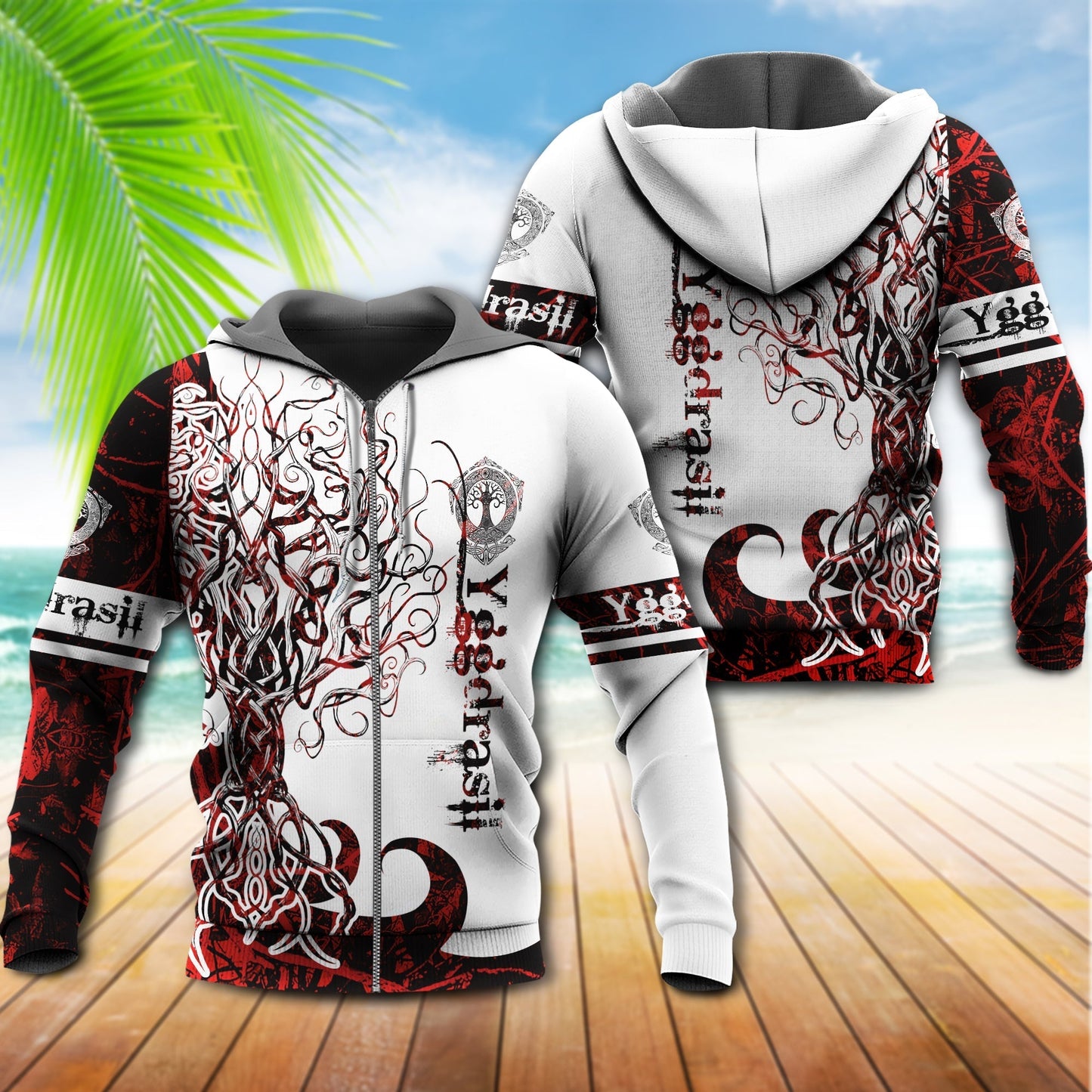 Red White Yggdrasil Legend Myth Hoodie For Mythic Casual Outfits Weekend Adventures And Thoughtful Gifting