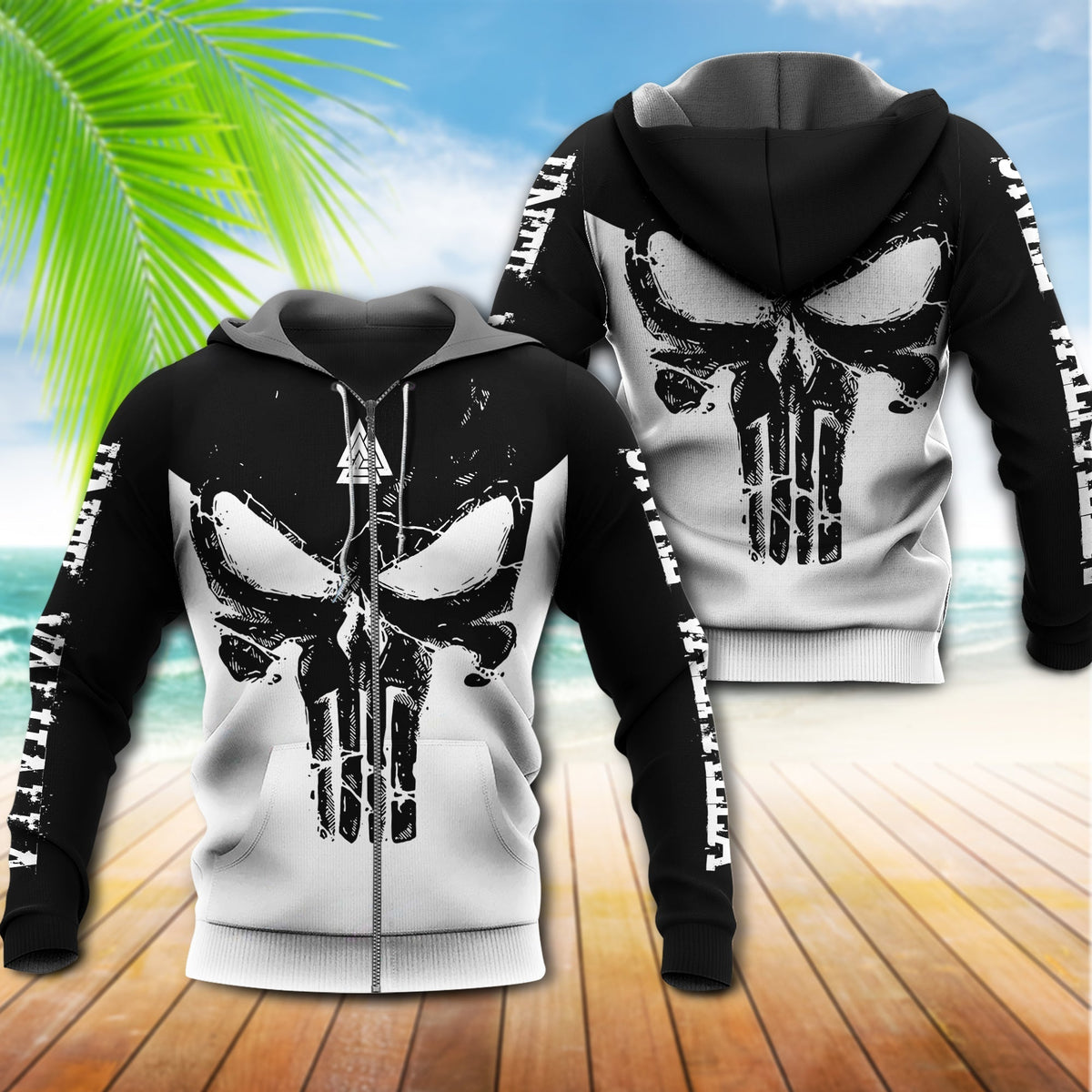 Black White Viking Blood Hoodie For Norse Inspired Streetwear Outdoor Travel And Bold Everyday Style
