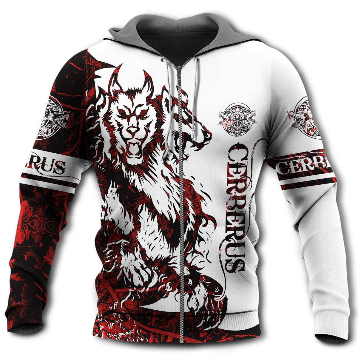 Red White Viking Cerberus Legend Hoodie For Bold Casual Wear Seasonal Trips And Myth Inspired Gifting