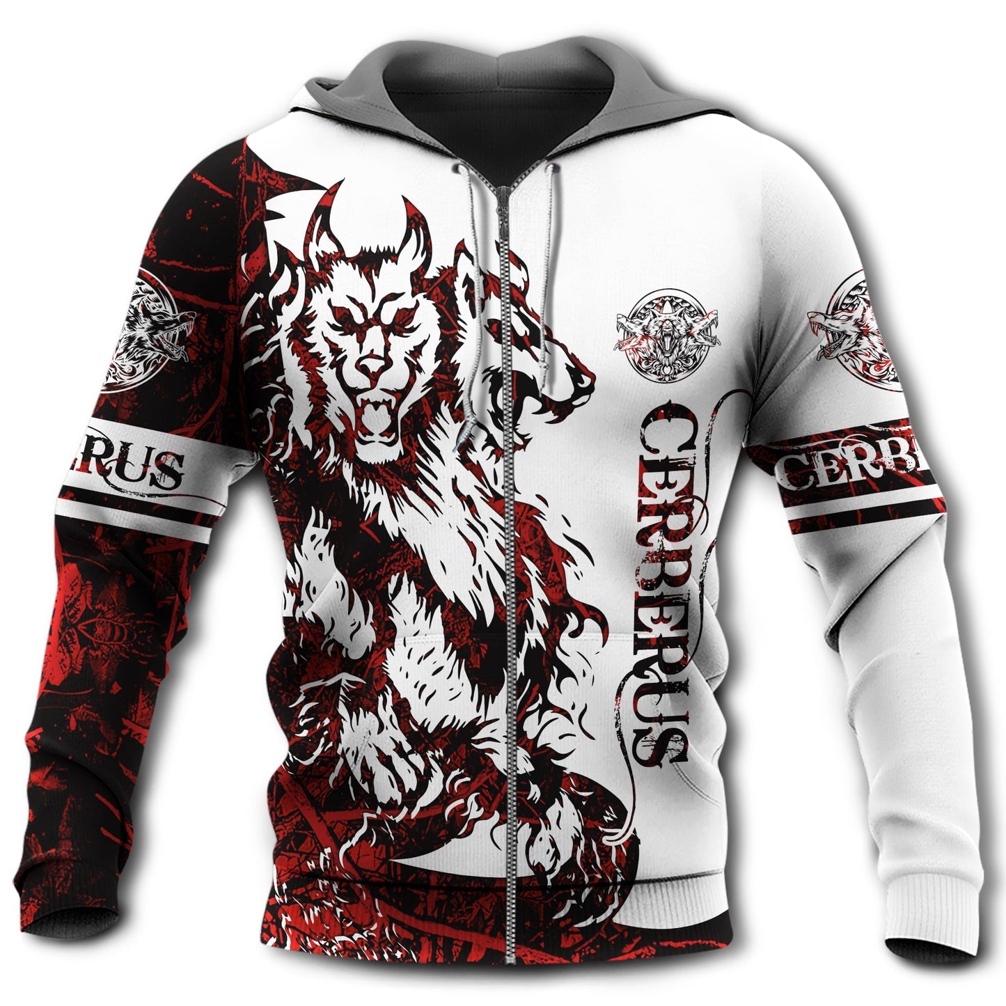 Red White Viking Cerberus Legend Hoodie For Bold Casual Wear Seasonal Trips And Myth Inspired Gifting