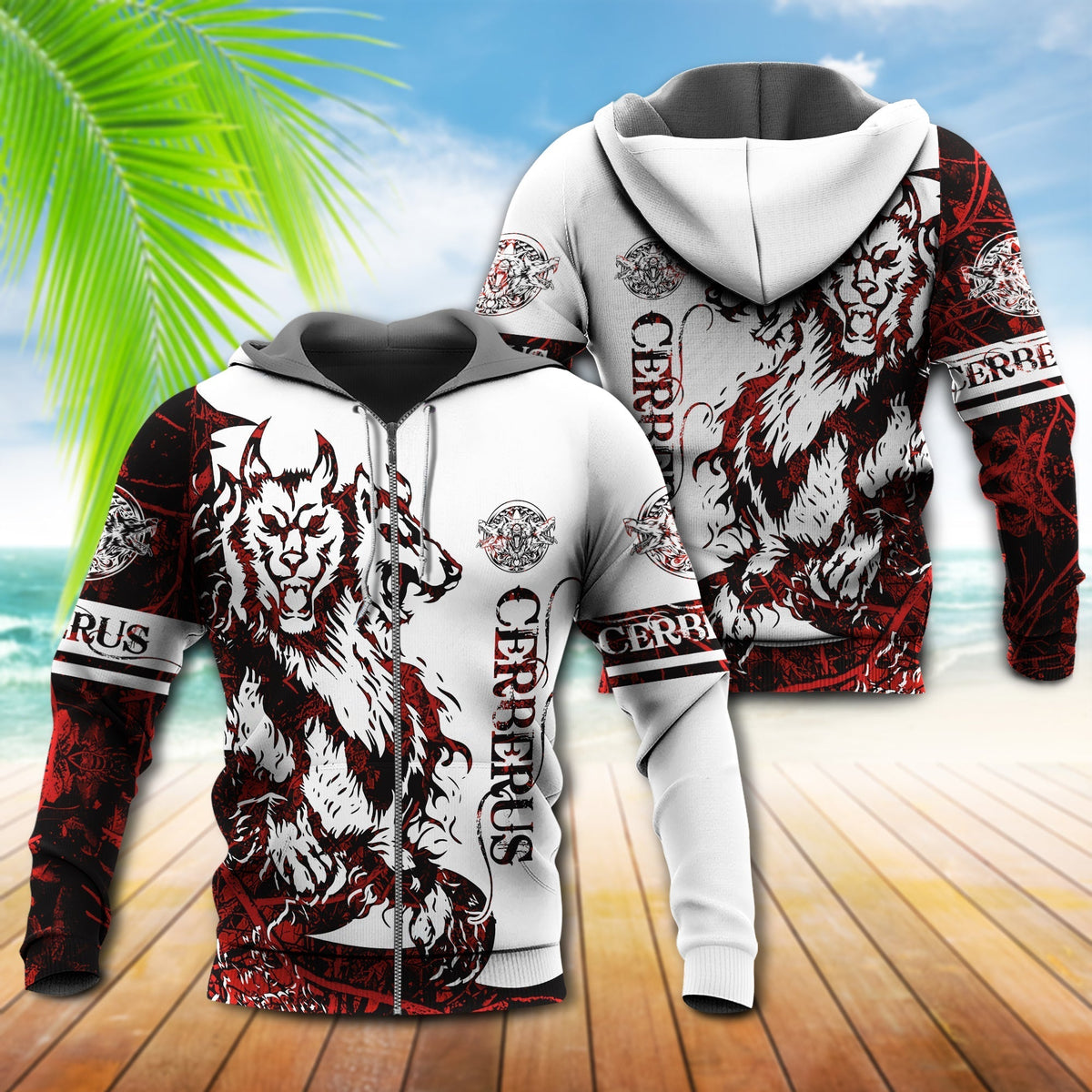 Red White Viking Cerberus Legend Hoodie For Bold Casual Wear Seasonal Trips And Myth Inspired Gifting