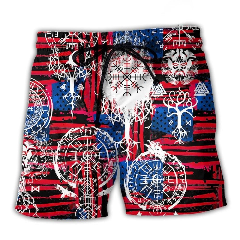 Viking Compass Vegvisir Independence Day Beach Shorts Artwork Detail For Tropical Travel And Everyday Wear