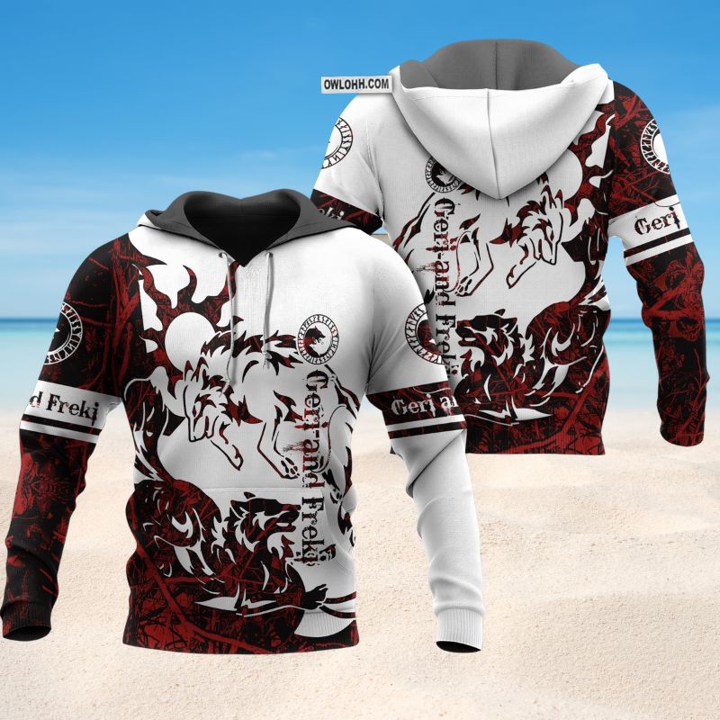 Red White Viking Geri Freki Legend Hoodie For Mythic Artwork Casual Days And Outdoor Exploration