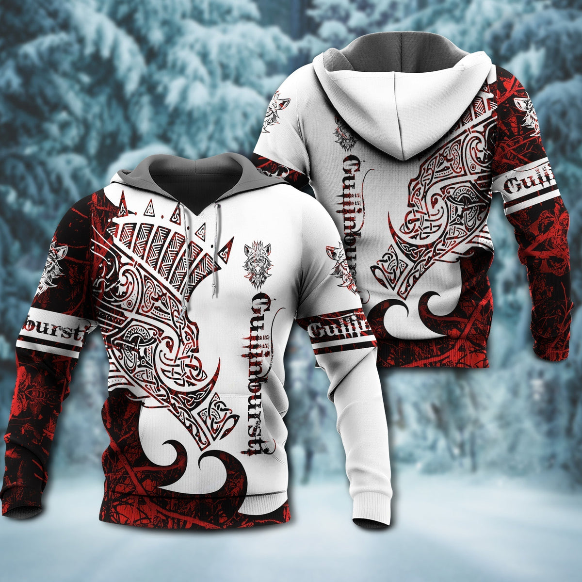 Red White Viking Gullinbursti Legend Hoodie For Bold Streetwear Outdoor Trips And Mythology Enthusiasts