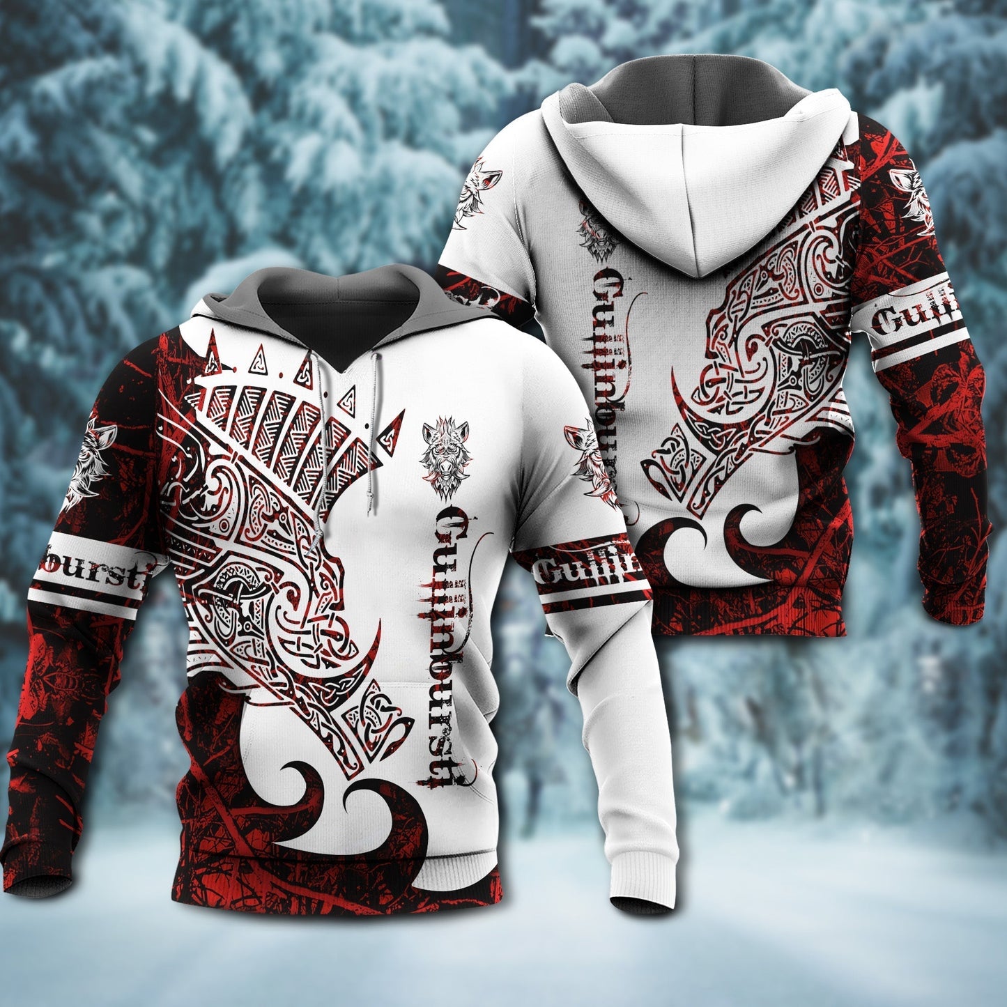 Red White Viking Gullinbursti Legend Hoodie For Bold Streetwear Outdoor Trips And Mythology Enthusiasts