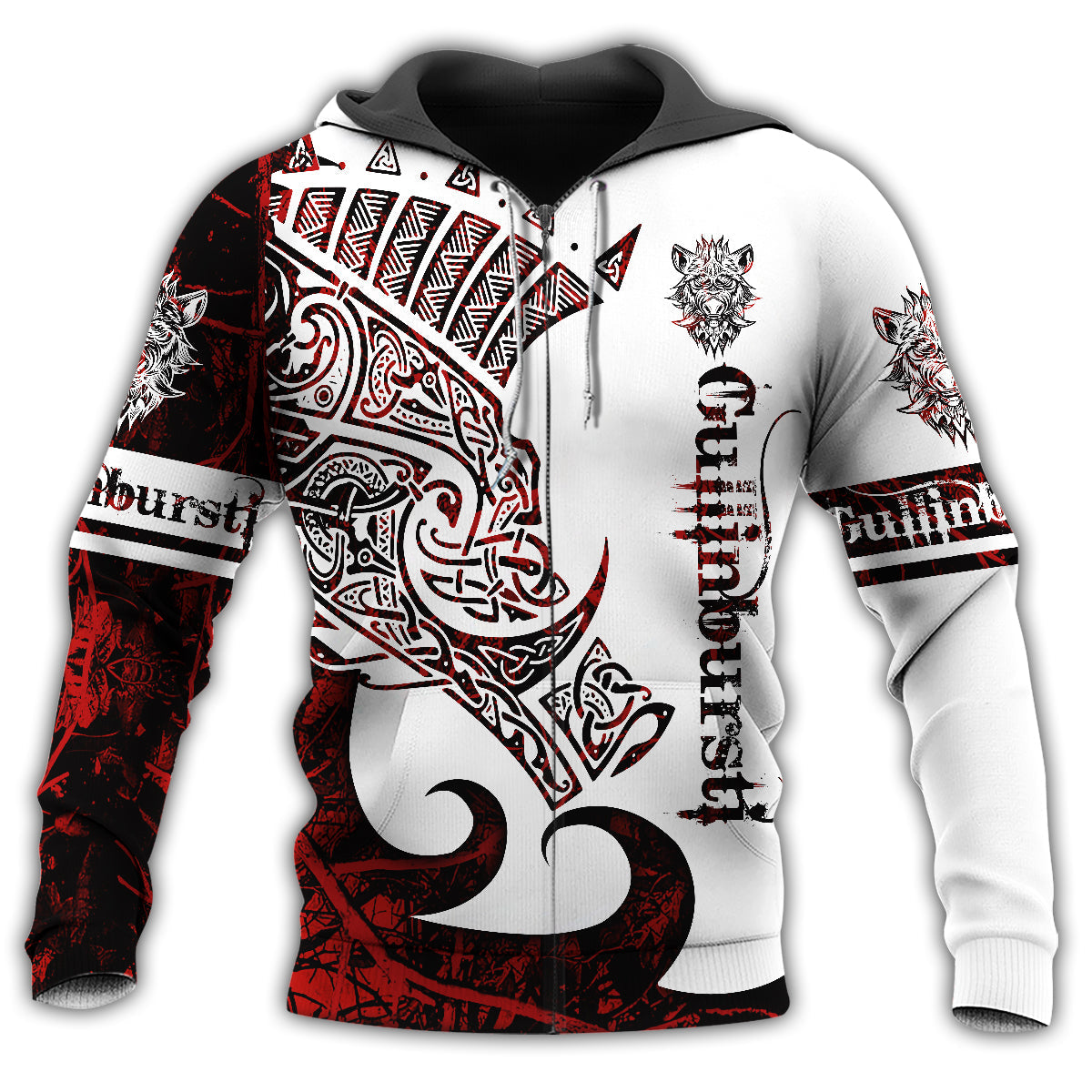 Red White Viking Gullinbursti Legend Hoodie For Bold Streetwear Outdoor Trips And Mythology Enthusiasts