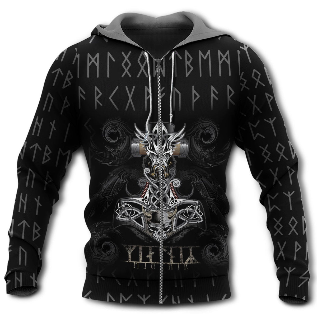 Black Viking Hammer Myth Hoodie For Viking Enthusiasts Travel Days And Distinctive Streetwear