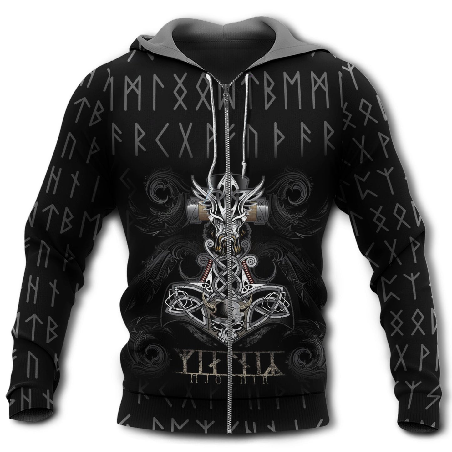 Black Viking Hammer Myth Hoodie For Viking Enthusiasts Travel Days And Distinctive Streetwear