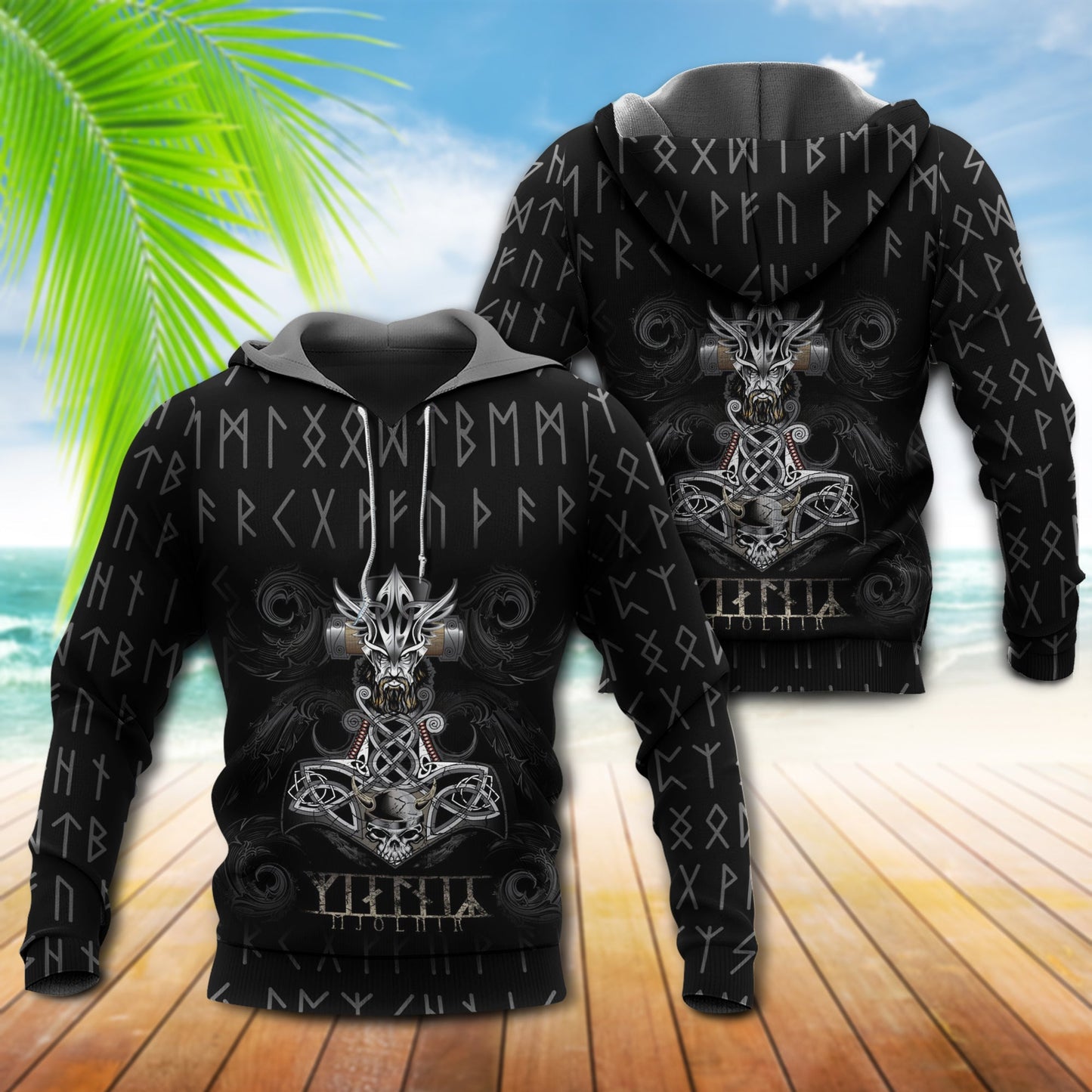Black Viking Hammer Myth Hoodie For Viking Enthusiasts Travel Days And Distinctive Streetwear