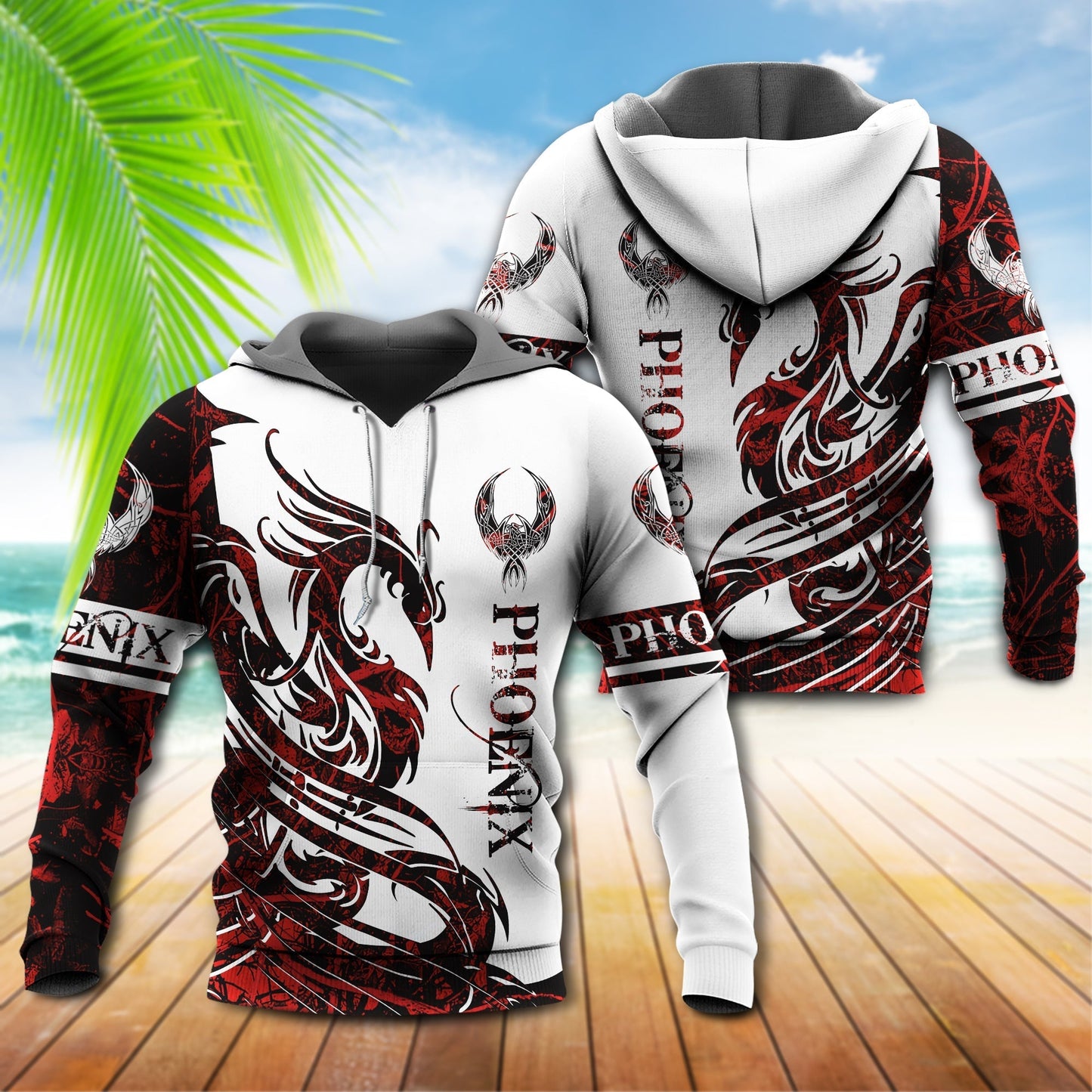 Red White Viking Phoenix Legend Hoodie For Bold Casual Wear Seasonal Trips And Myth Inspired Gifting