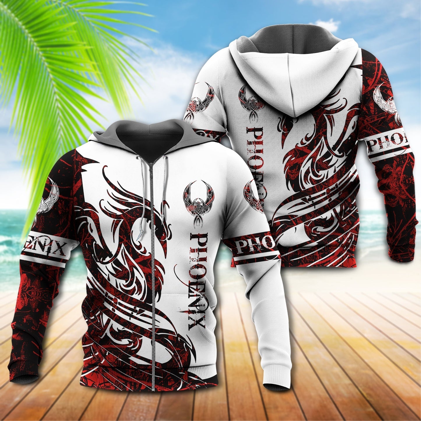 Red White Viking Phoenix Legend Hoodie For Bold Casual Wear Seasonal Trips And Myth Inspired Gifting