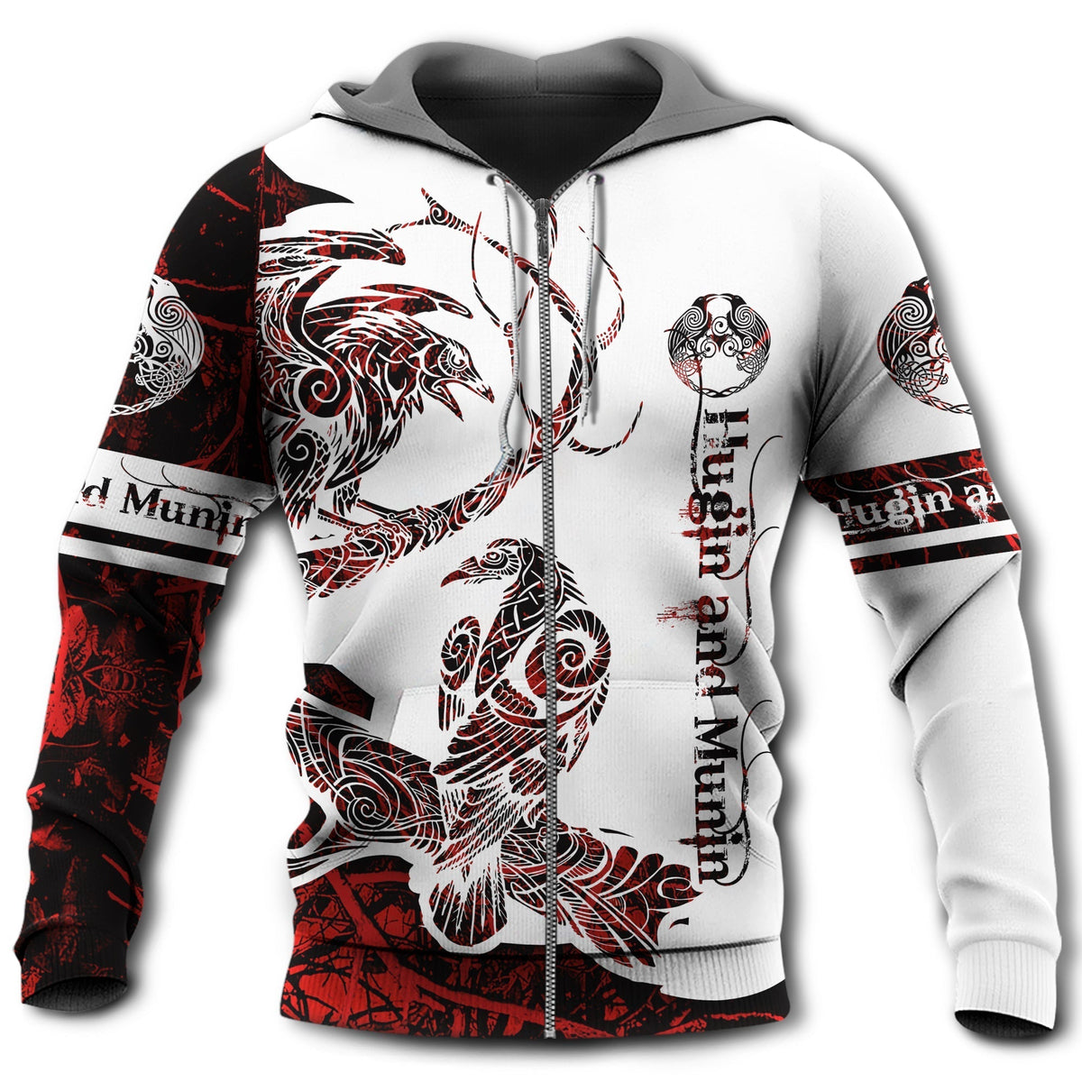 Red White Classic Viking Raven Legend Hoodie For Norse Inspired Streetwear Outdoor Travel And Bold Everyday Style