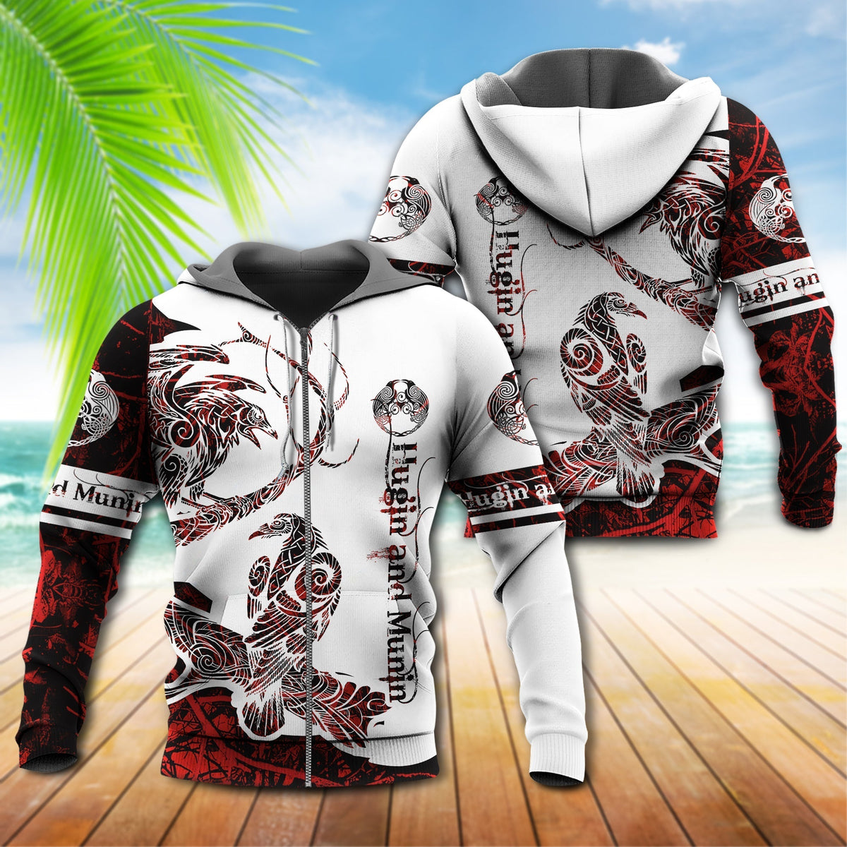 Red White Classic Viking Raven Legend Hoodie For Norse Inspired Streetwear Outdoor Travel And Bold Everyday Style