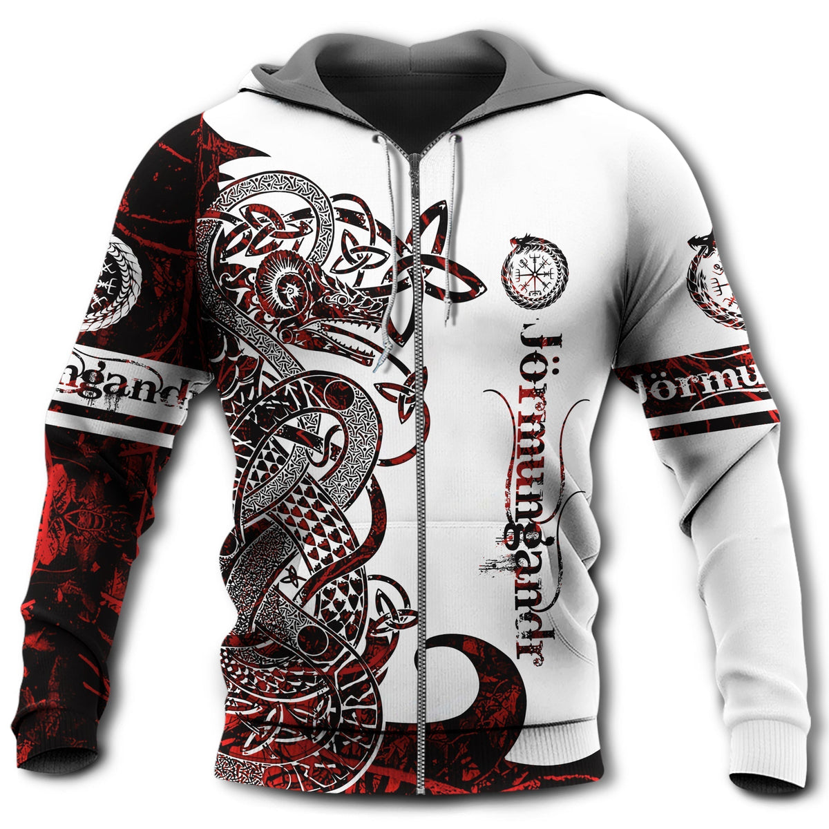 Red White Viking Serpent Legend Hoodie For Norse Inspired Streetwear Outdoor Travel And Bold Everyday Style