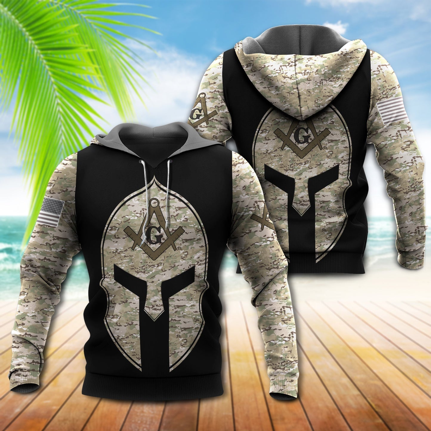 Black Viking Symbol Camo Hoodie For Norse Heritage Style Outdoor Events And Comfortable Layering