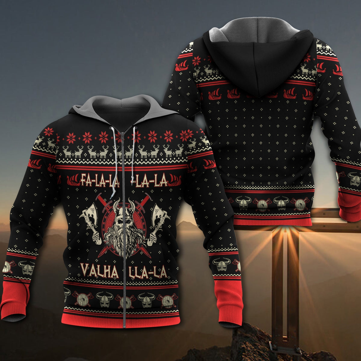 Black Red Viking Warrior Hoodie For Bold Streetwear Outdoor Trips And Mythology Enthusiasts