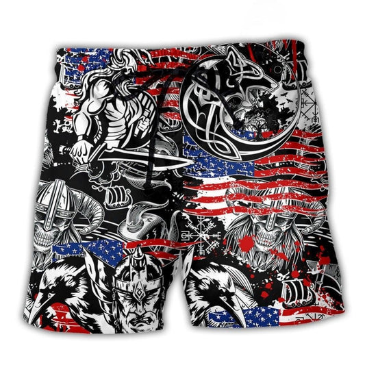 Viking Warrior Odin Wolf Independence Day Beach Shorts Print View For Coastal Escapes And Casual Outings
