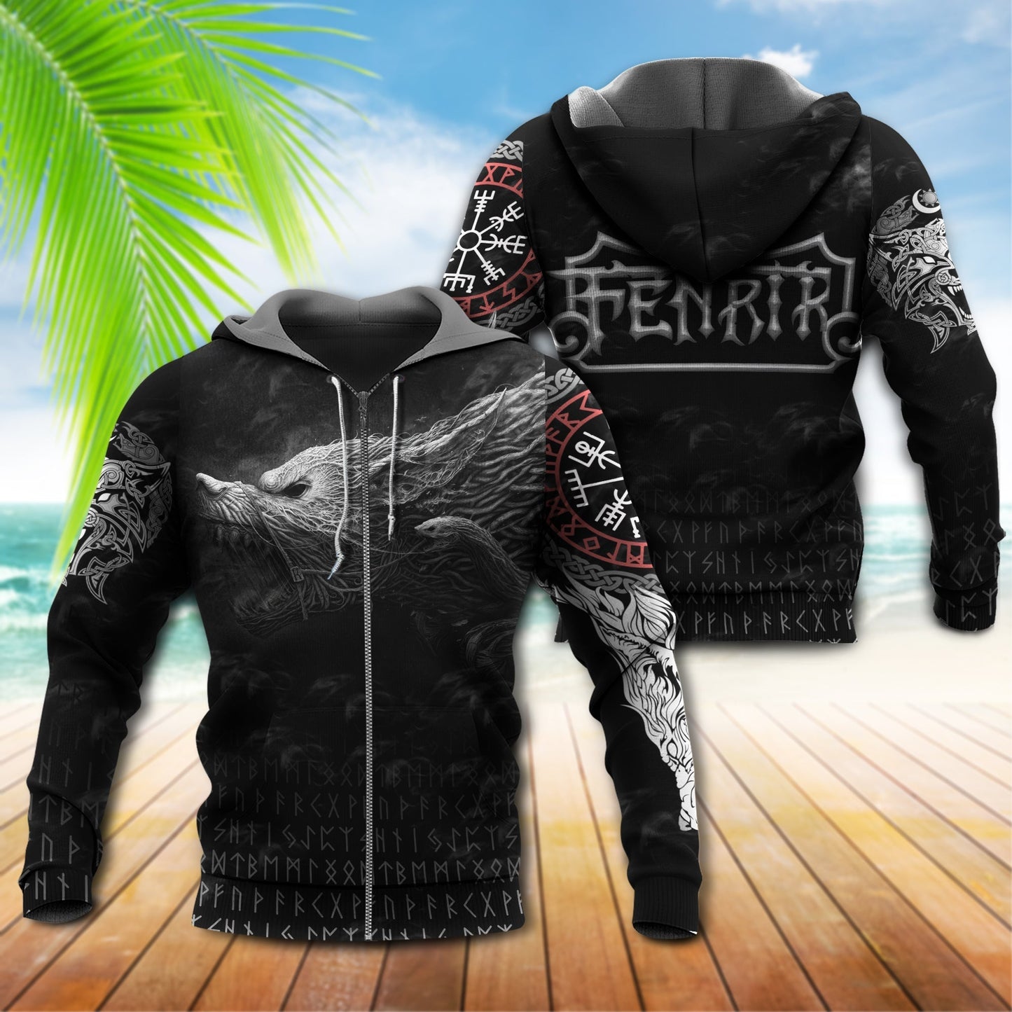 Grey Black Dark Viking Wolf Hoodie For Norse Themed Outfits Weekend Travel And Relaxed Comfort