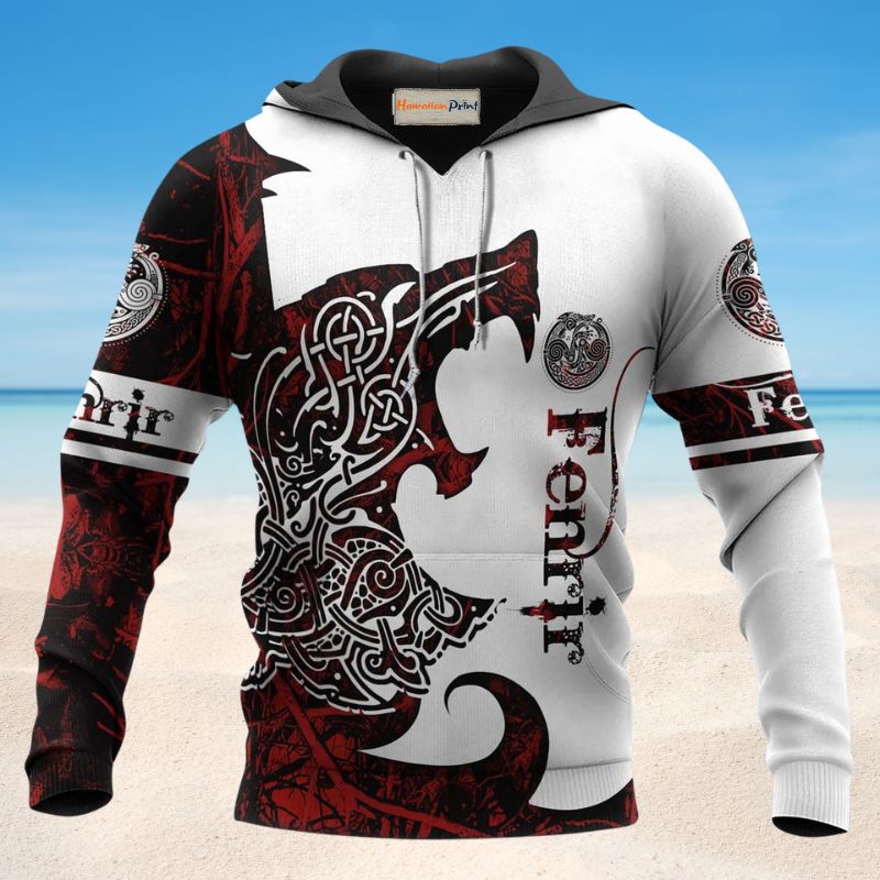 Red White Viking Wolf Legend Hoodie For Norse Inspired Streetwear Outdoor Travel And Bold Everyday Style