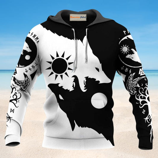 Black White Viking Wolf Moon Hoodie For Bold Casual Wear Seasonal Trips And Myth Inspired Gifting