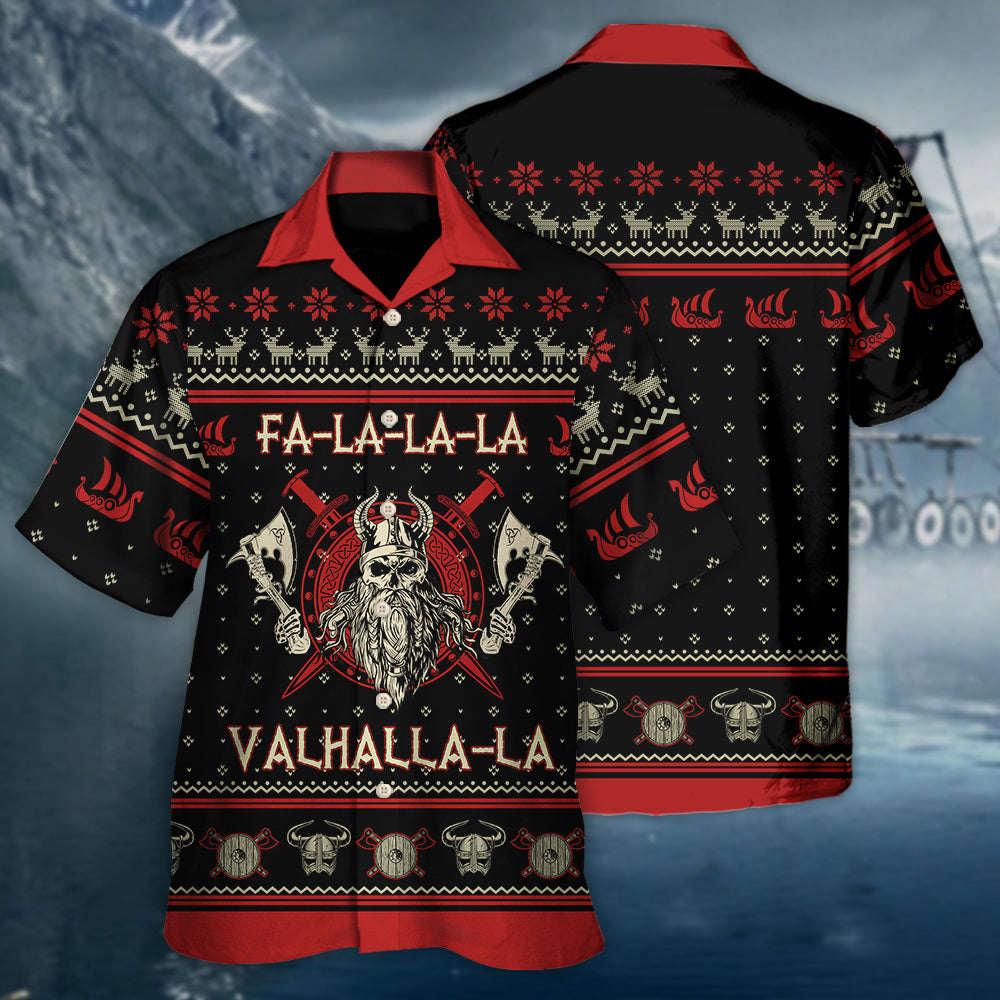 Viking Nordic Black Red Hawaiian Shirt Collar And Front View For Warm Weather Events