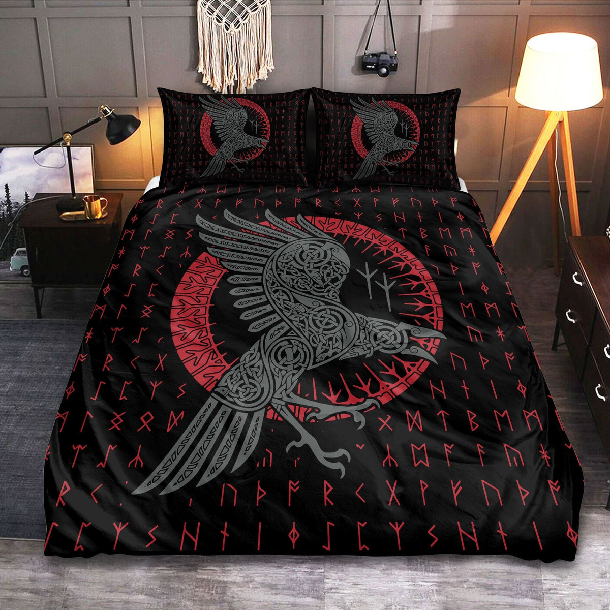 Viking Odin'S Raven Old Runes Bedding Cover For Norse Bedroom Decor