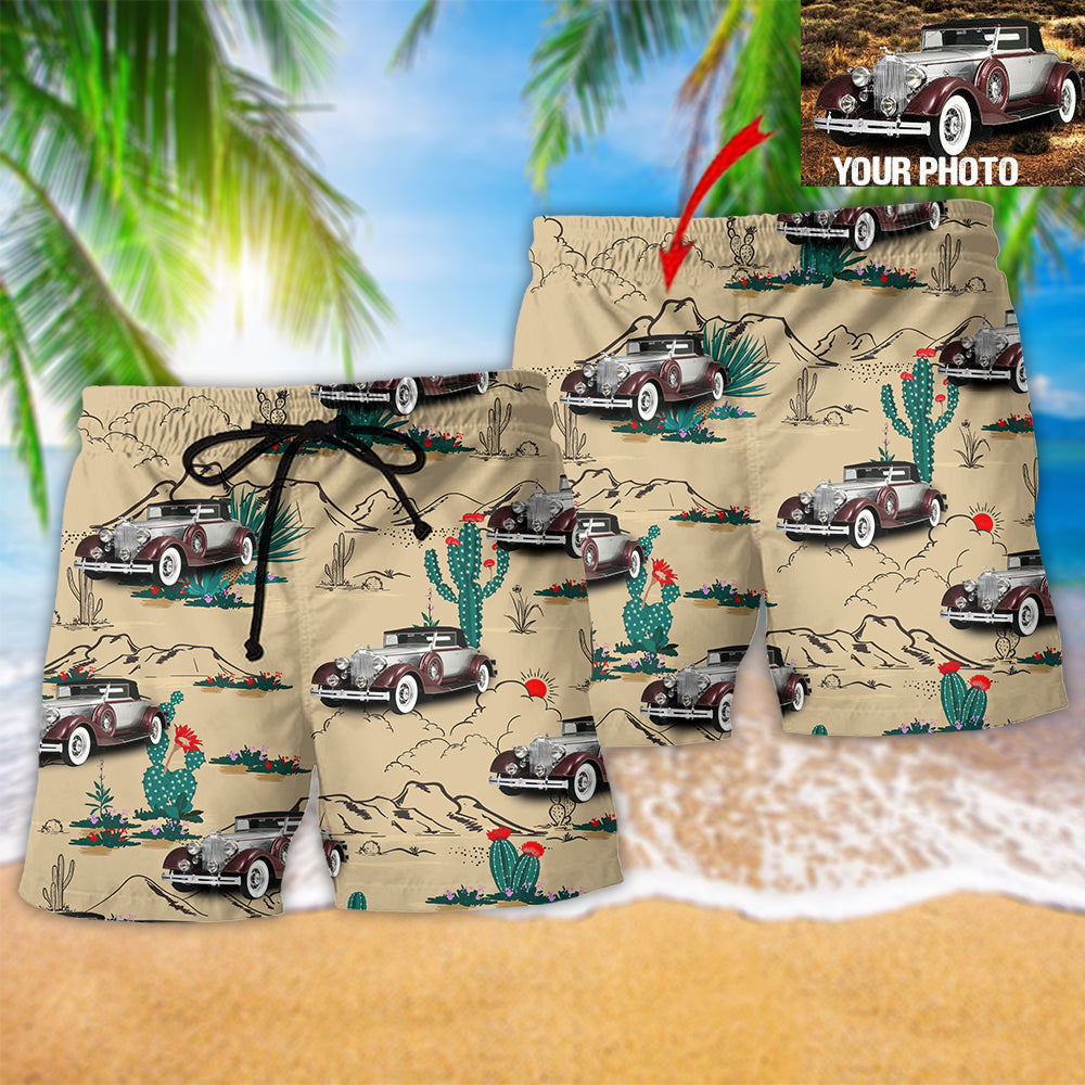 Vintage Car On The Desert Basic Hawaiian Print Beach Shorts For Outdoor Adventures And Comfort