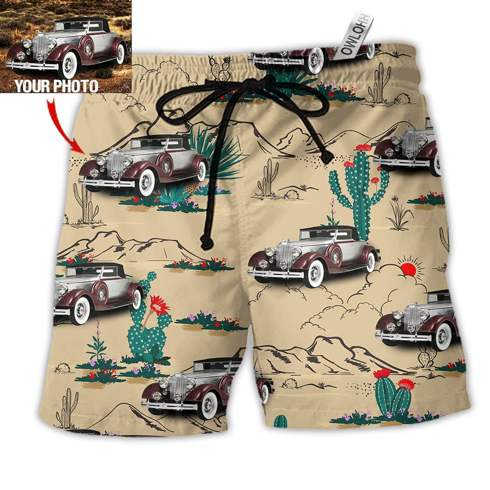 Vintage Car On The Desert Basic Hawaiian Print Beach Shorts For Weekend Getaways And Travel