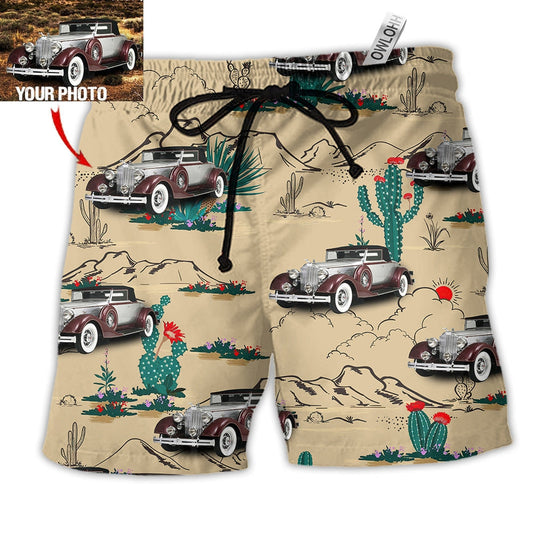 Vintage Car On The Desert Basic Hawaiian Print Beach Shorts For Weekend Getaways And Travel