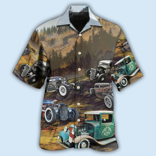 Vintage Hot Rod Vibrant Hawaiian Shirt For Road Trip Adventures, Resort Days, And Comfortable Everyday Wear