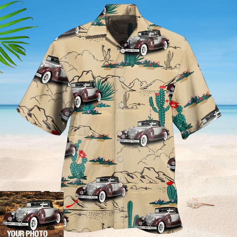 Vintage Car Desert Photo Hawaiian Shirt For Island Vacations, Resort Wear, And Relaxed Seasonal Style