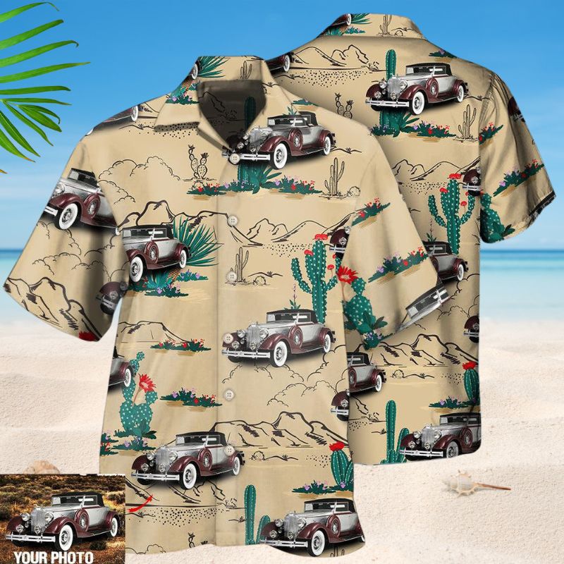 Vintage Car Desert Photo Hawaiian Shirt For Island Vacations, Resort Wear, And Relaxed Seasonal Style