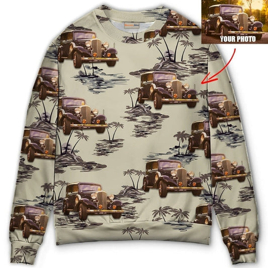 Vintage Car Tropical Island Palm Trees Sweater For Road Trips Weekend Gatherings And Thoughtful Gift Giving