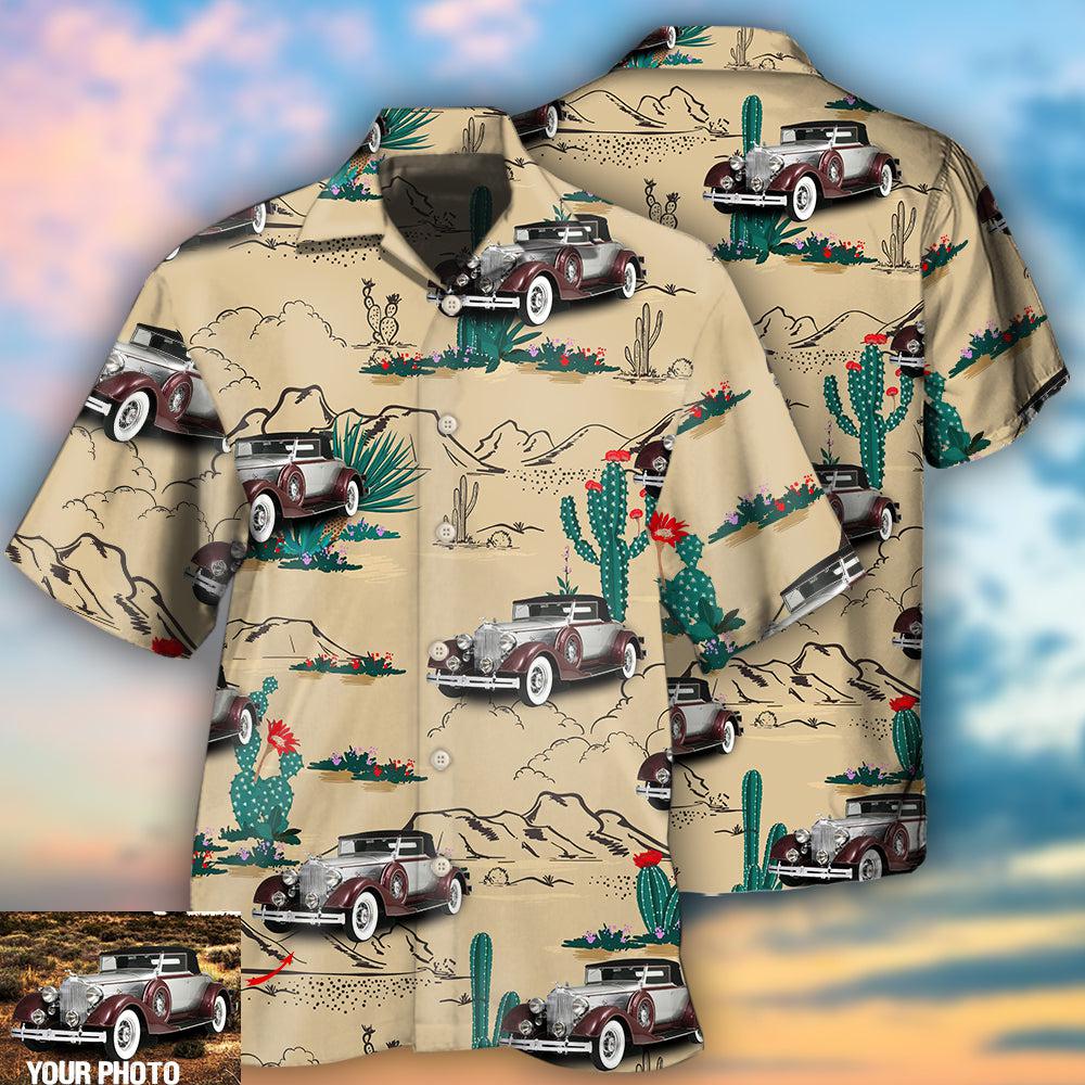 Car Desert Cactus Custom Photo Hawaiian Shirt Artwork View For Weekend Travel And Beach Style