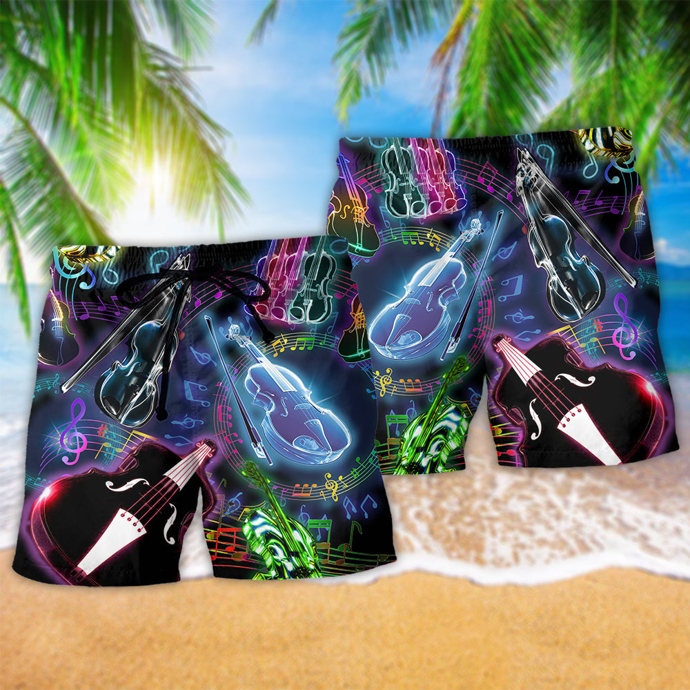 Neon Violin Music Beach Shorts Pattern Detail For Leisure Travel And Laid Back Daily Wear