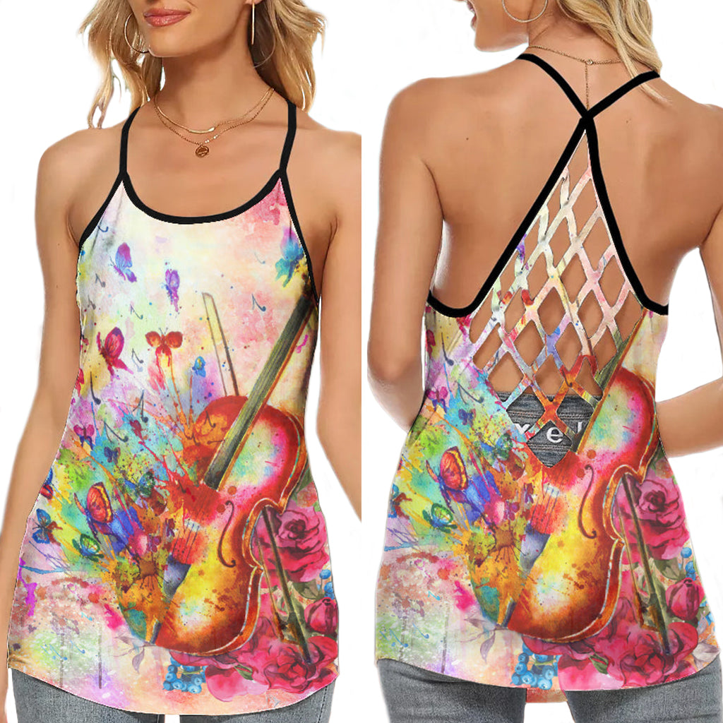 Violin My Soul Elegant Melody Hollow Tank Top For Studio Practice And Festival Wear