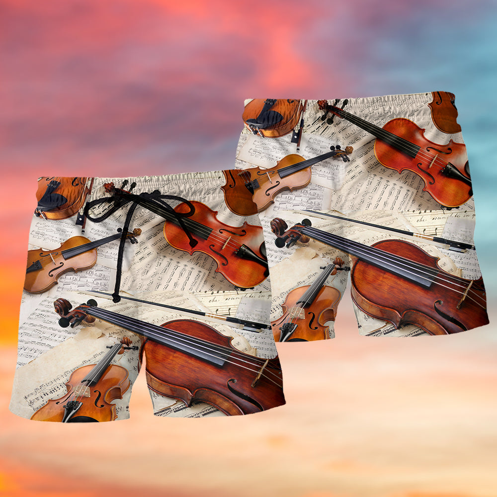 Vintage Violin Music Lover Classic Beach Shorts Artwork Detail For Comfortable Everyday Summer Wear